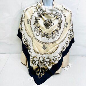 Luxurious Max Mara  100% Silk Satin  Scarf  34"x34 White Ivery Navy Blue Logo(38